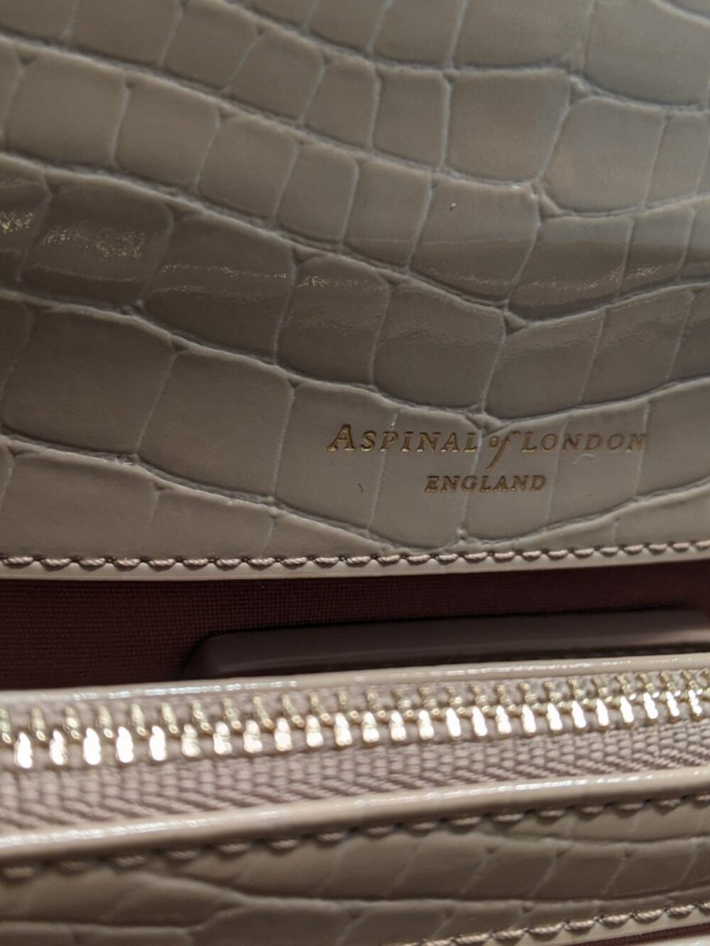 Aspinal of London Mayfair Large Bag Handbag Soft Taupe Patent Croc Beige WOO OWO - Picture 6 of 12